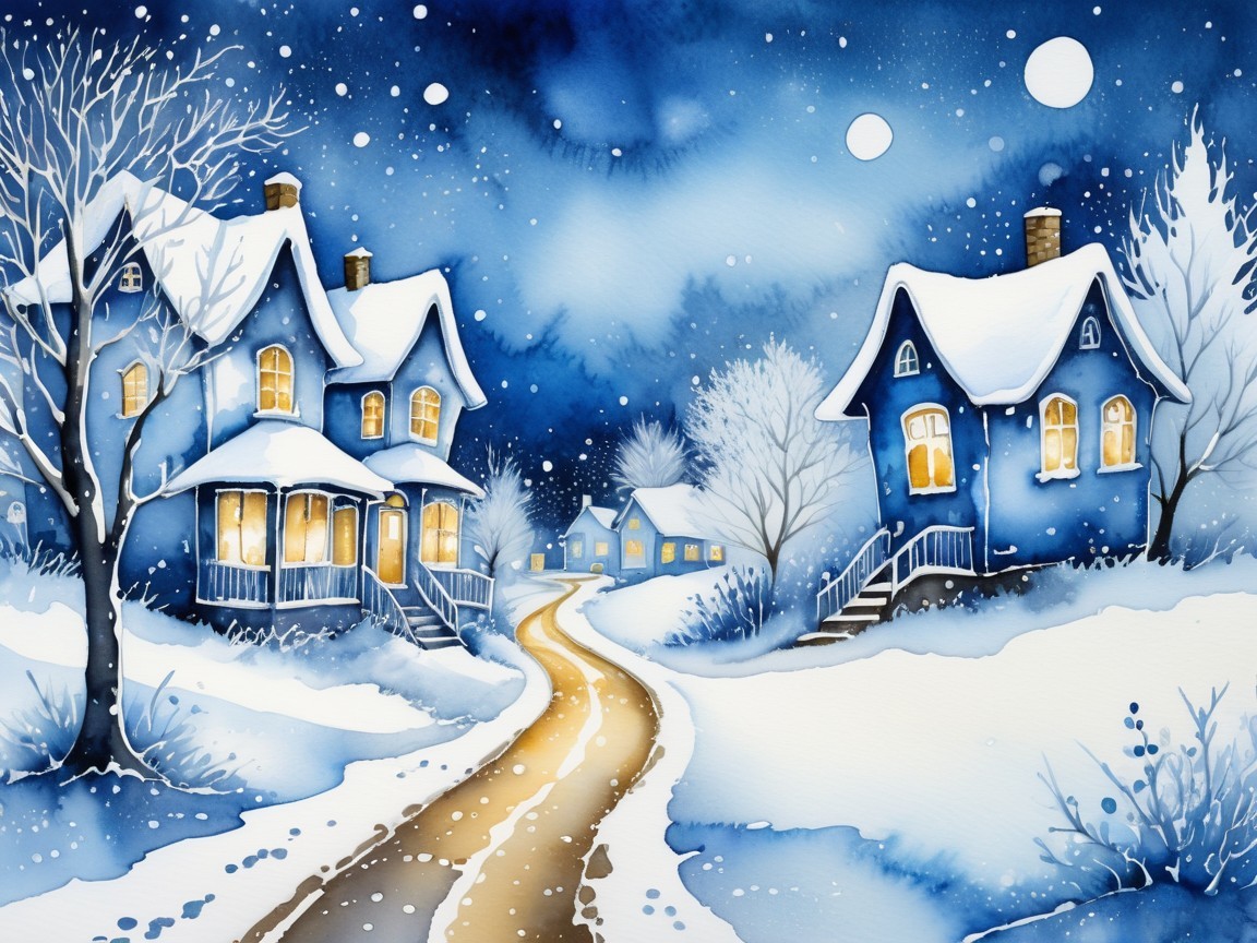 Serene winter landscape with glowing blue houses