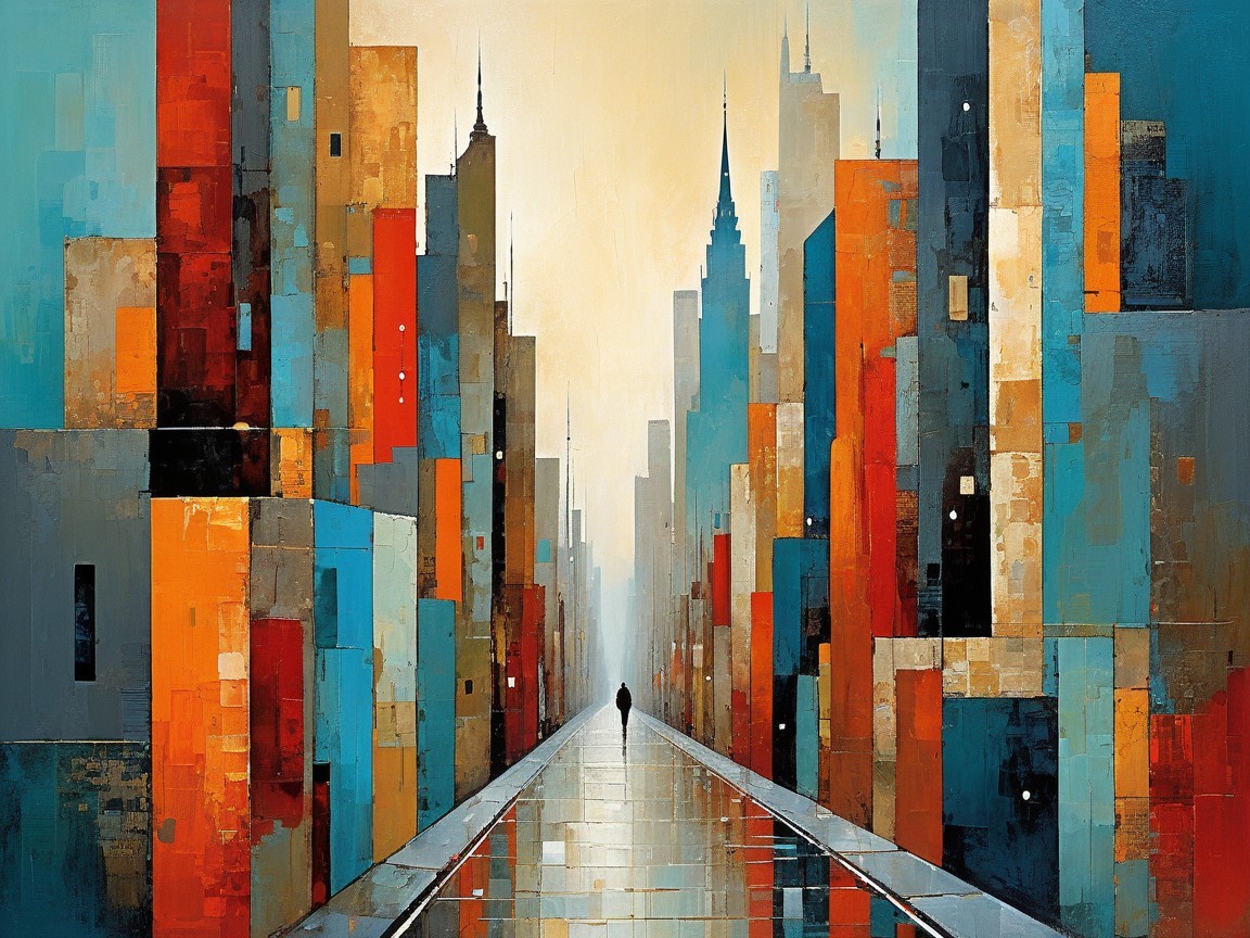 Vibrant Cityscape with Reflective Streets and Isolation