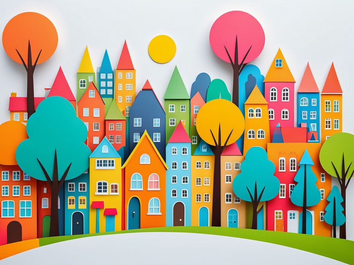 Whimsical Paper Cutout Landscape of a Charming Town
