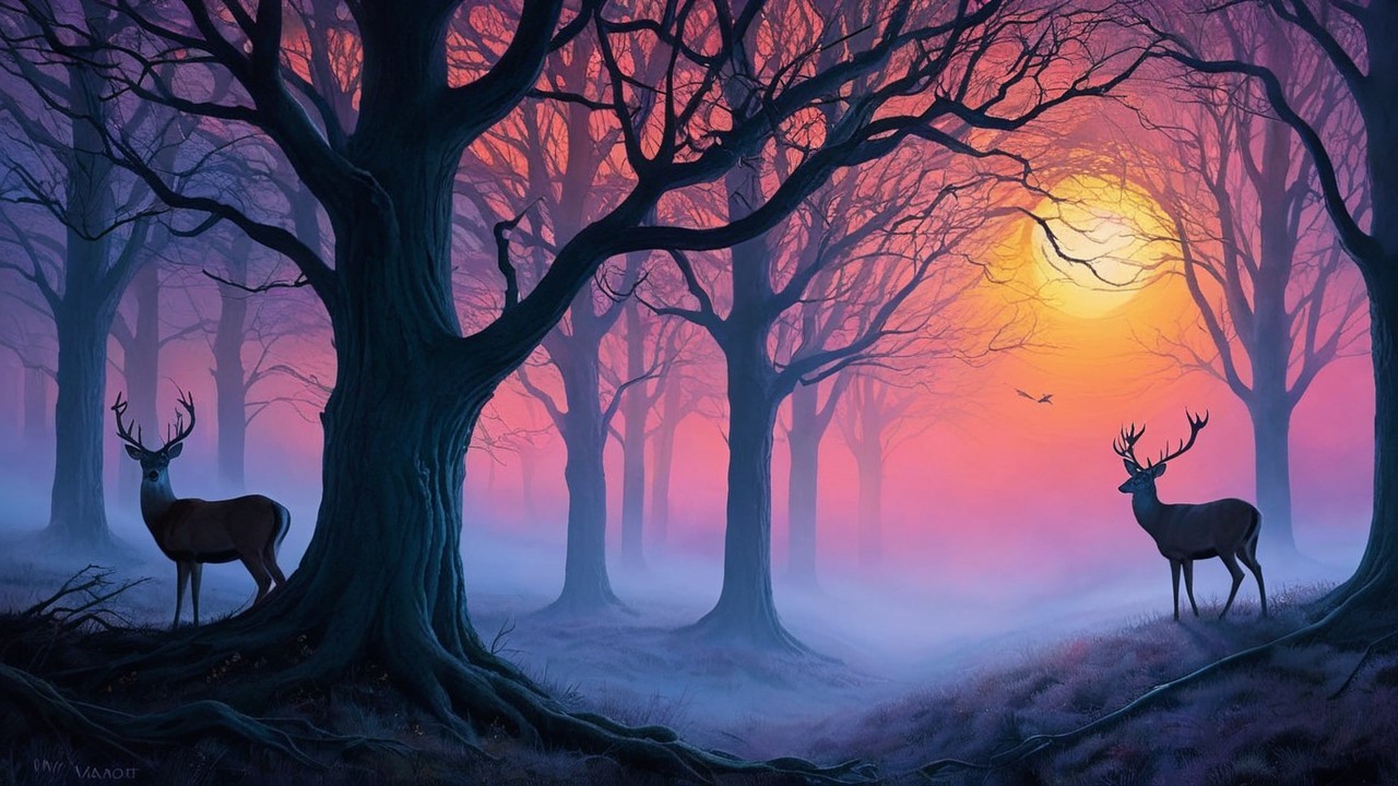 Serene forest scene at dusk with deer and sunset sky