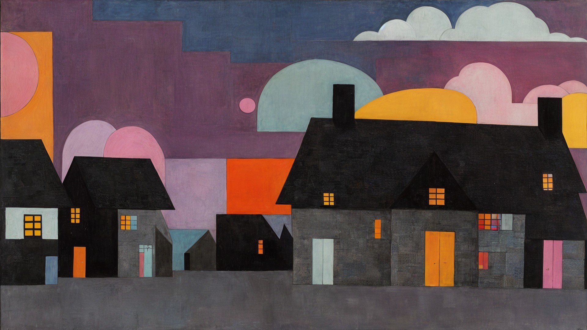 Abstract Landscape with Colorful Houses and Sky