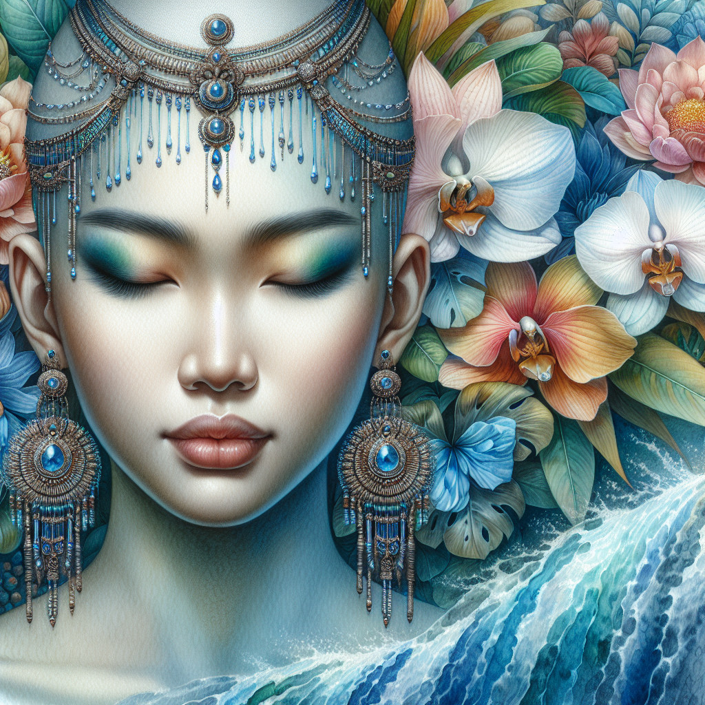 Portrait of a woman with jewelry and floral backdrop