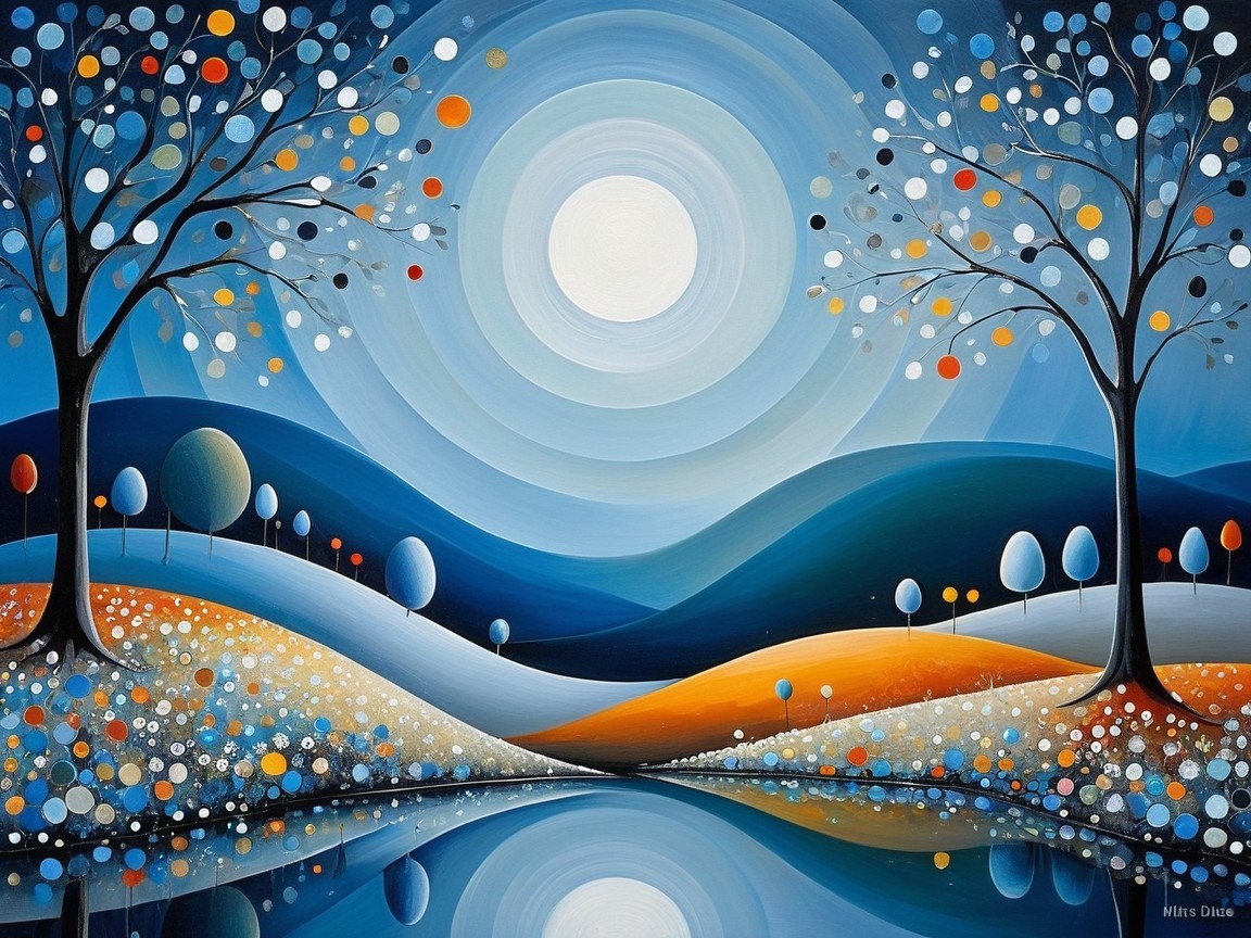 Serene landscape with moonlit hills and colorful trees