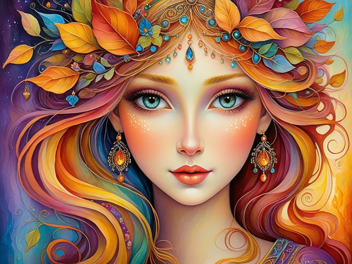 Woman with Multicolored Hair and Autumn Leaves