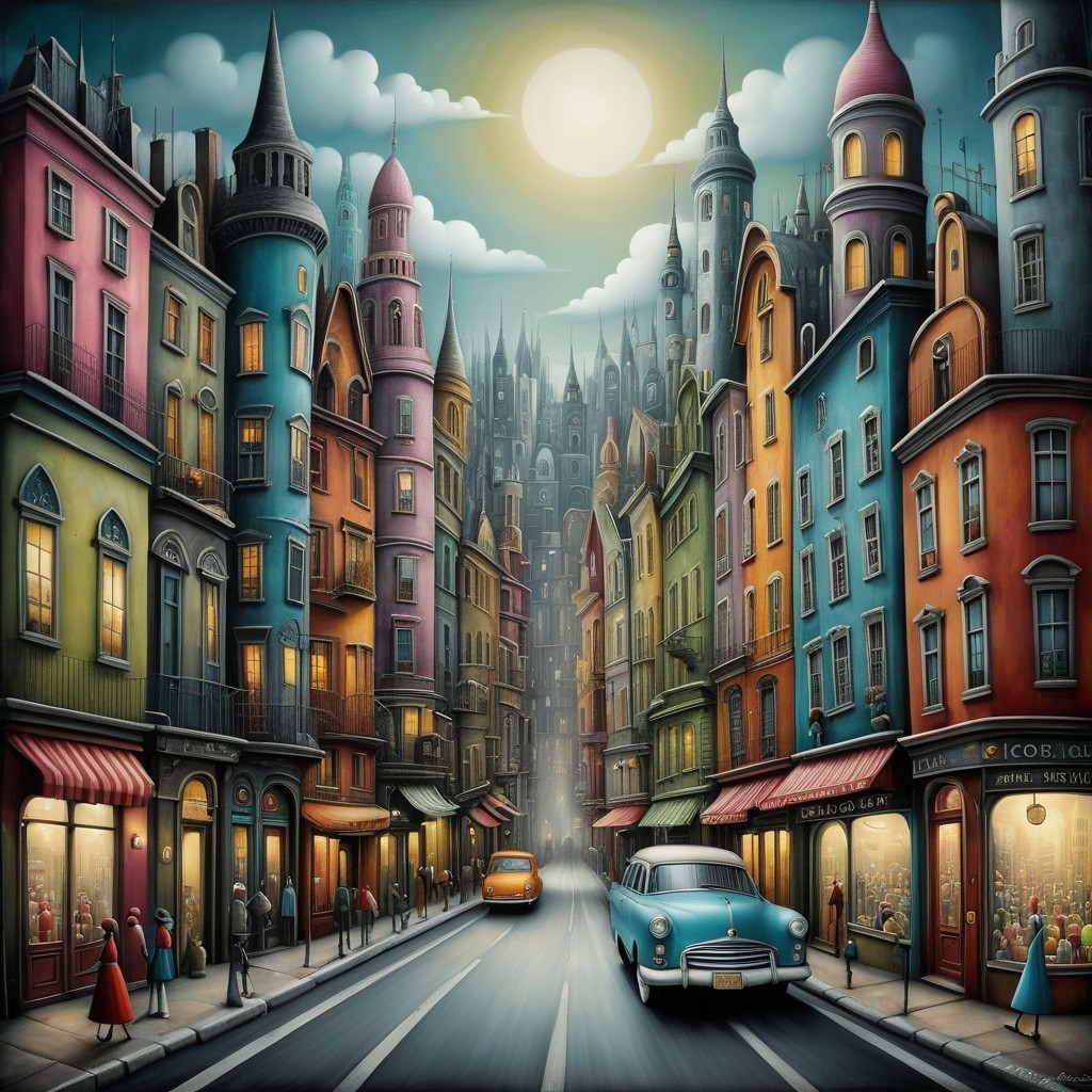 Whimsical Cityscape with Colorful Buildings and Streets
