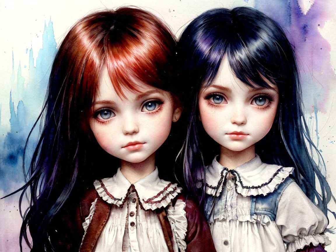 Detailed Illustration of Two Vintage Dolls with Ruffles