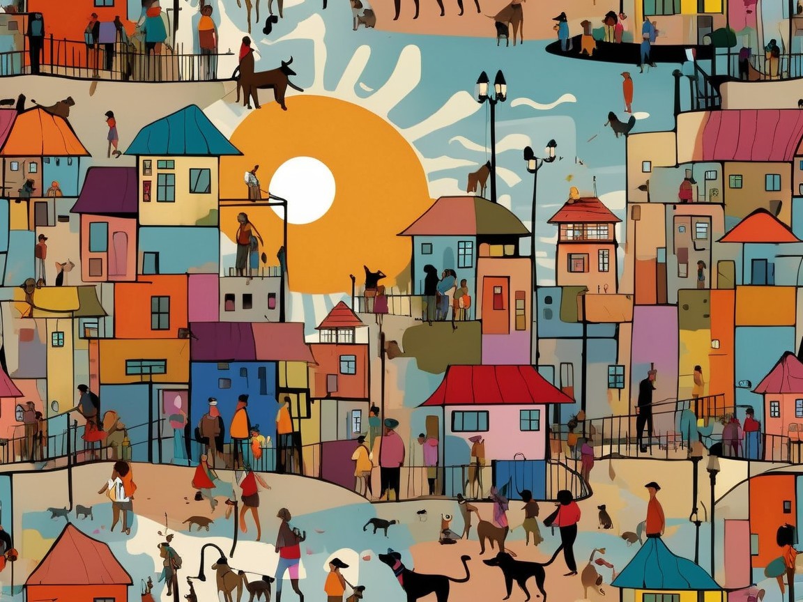 Colorful Illustration of a Bustling Town Scene