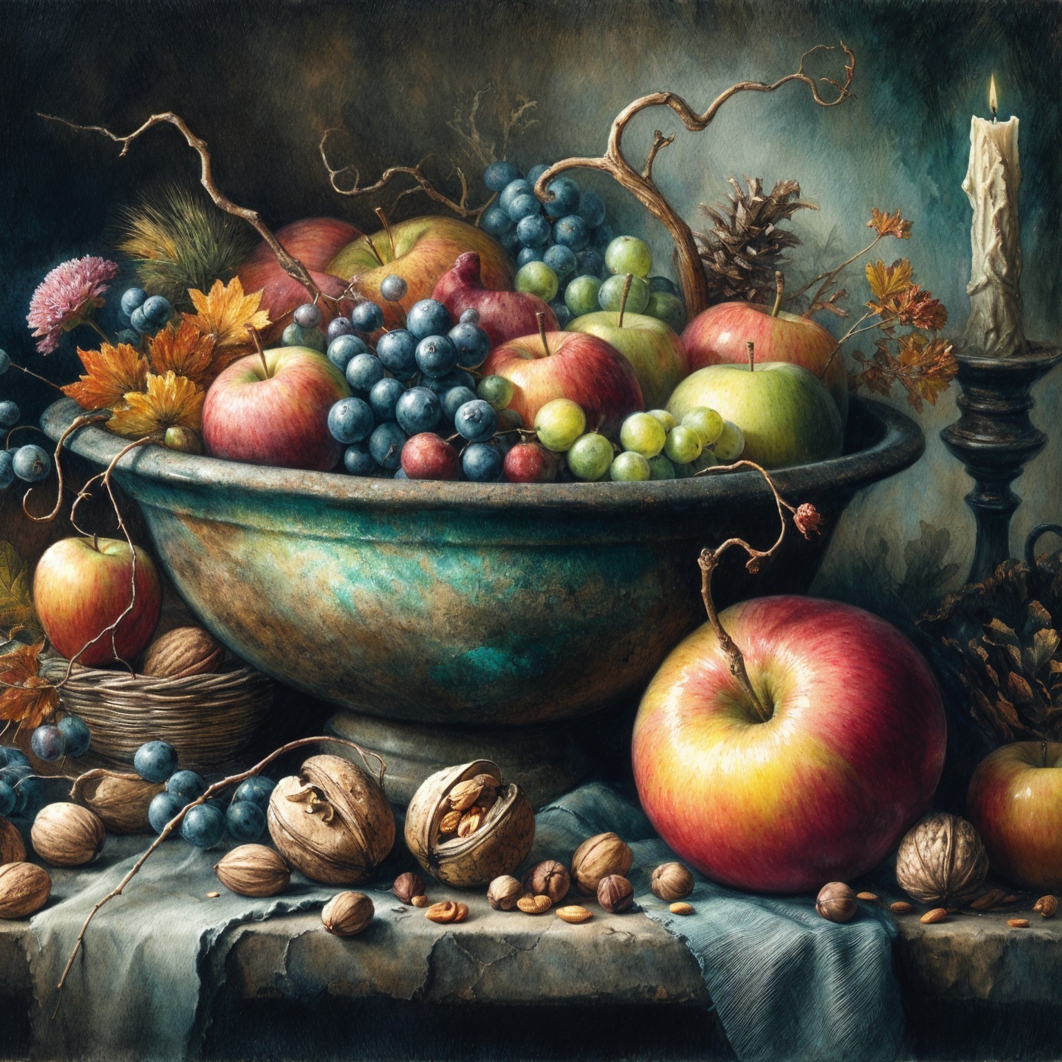 Rustic Bowl of Apples with Grapes and Autumn Decor