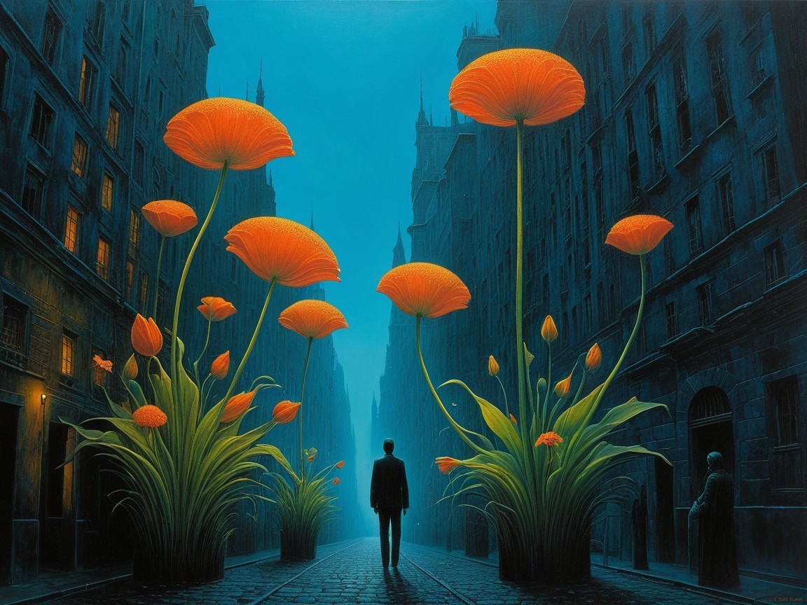 Surreal Urban Scene with Vibrant Orange Flowers