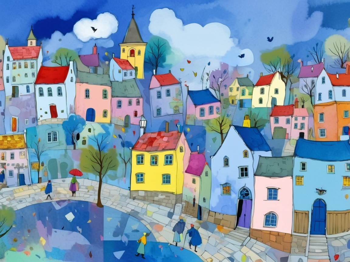 Whimsical Townscape with Colorful Houses and River