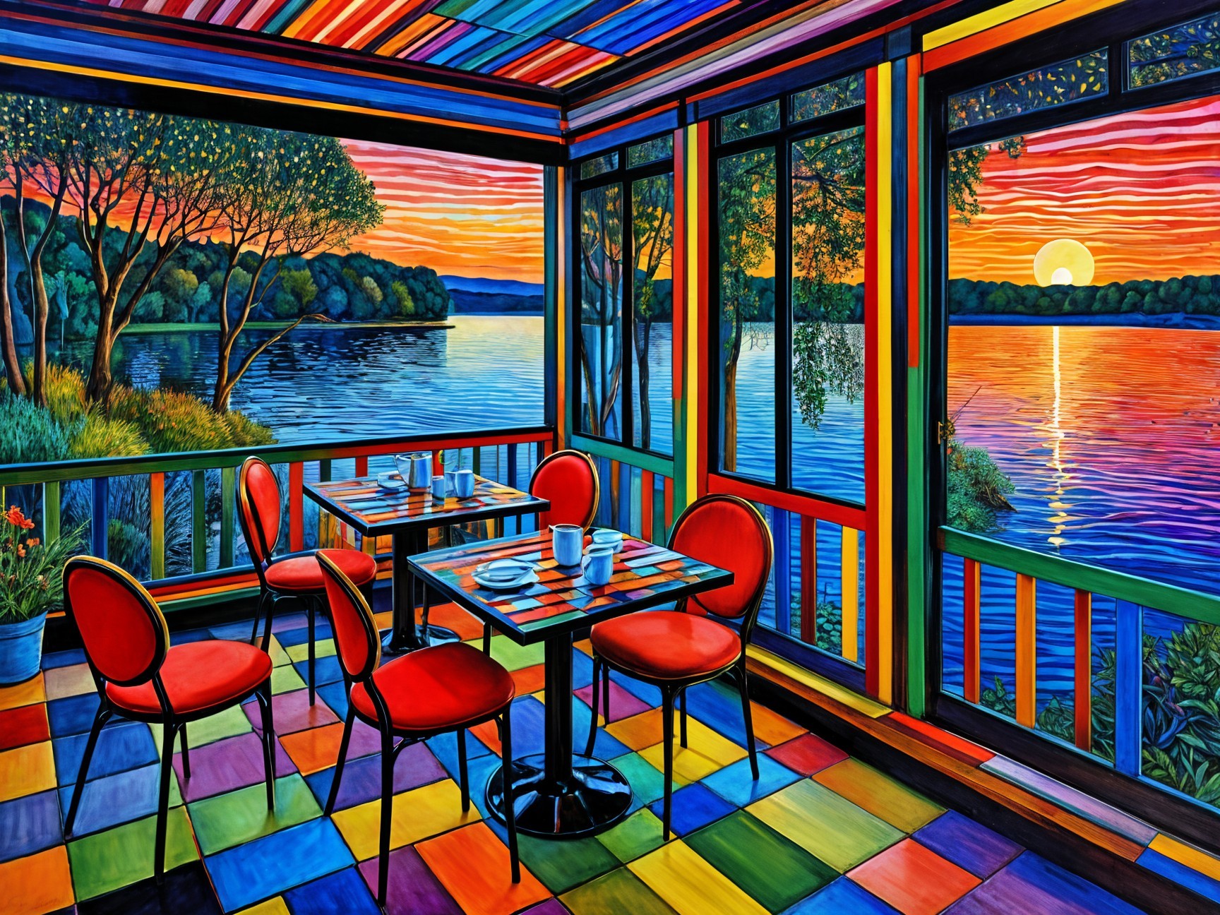 Vibrant Dining Space with Sunset Lake View