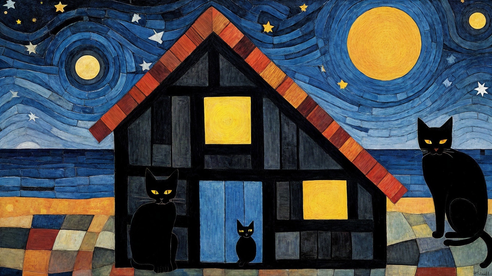 Whimsical Night Scene with Cats and Colorful House