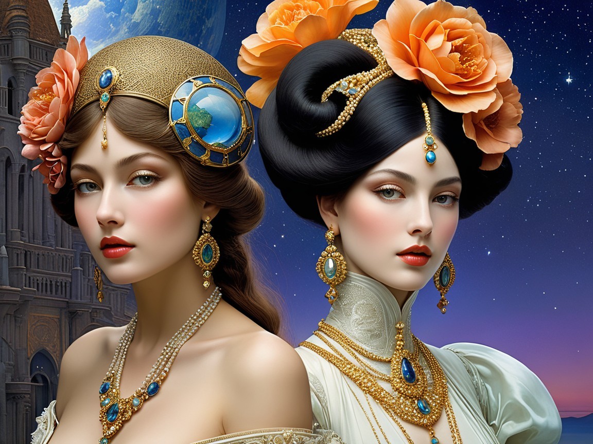 Elegantly Dressed Women with Floral Accents and Stars