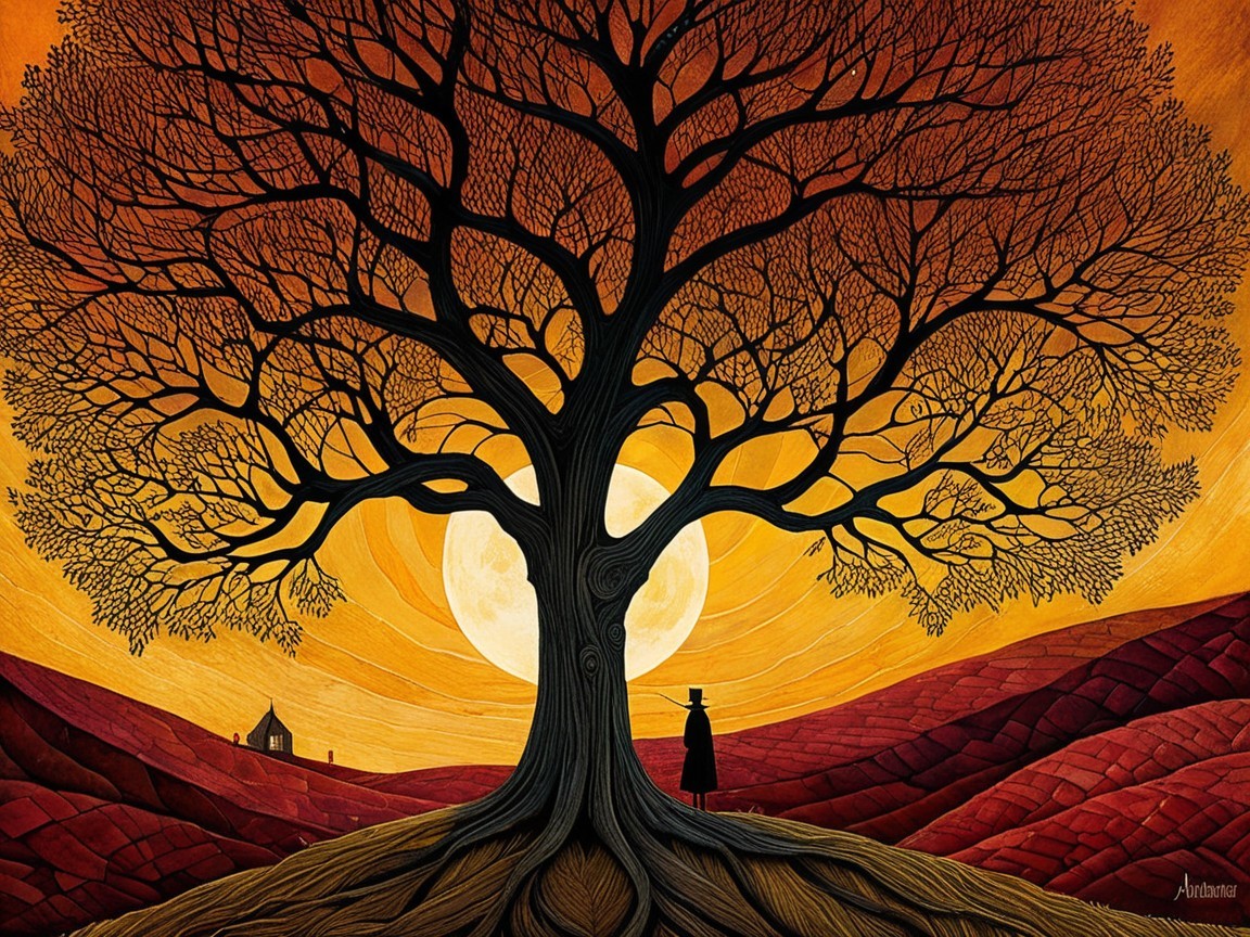 Majestic tree at sunset with silhouetted figure and hills