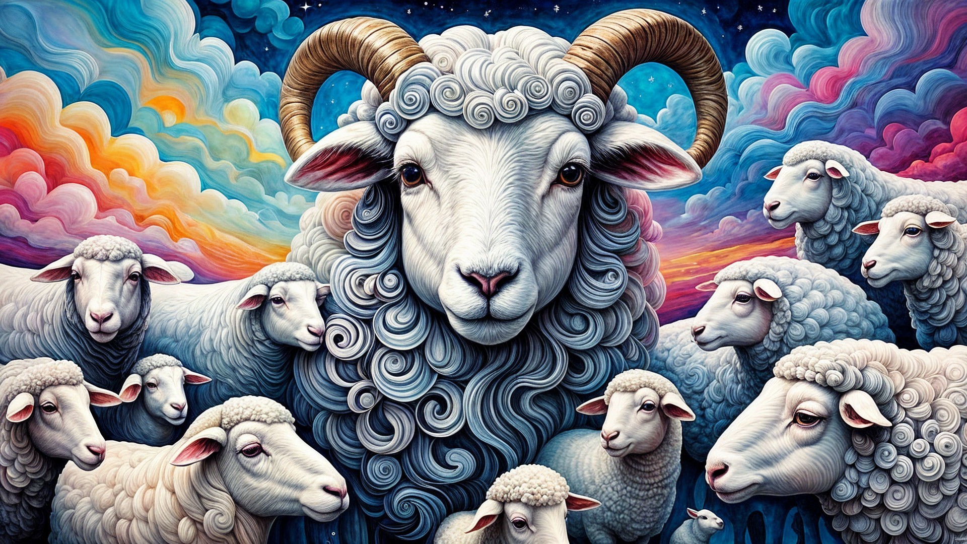 Majestic Ram Surrounded by Fluffy White Sheep