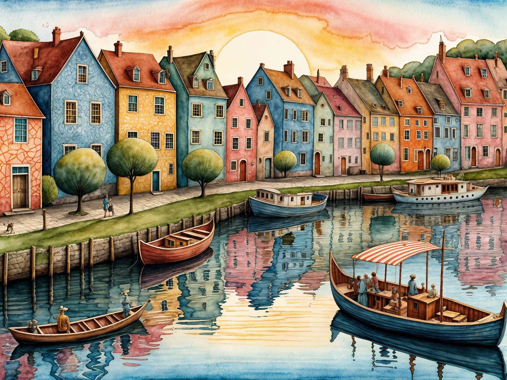 Charming Waterfront Scene with Colorful Houses and Sunset
