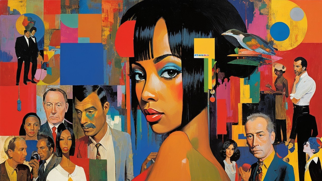 Abstract Artwork with Central Portrait and Colorful Shapes
