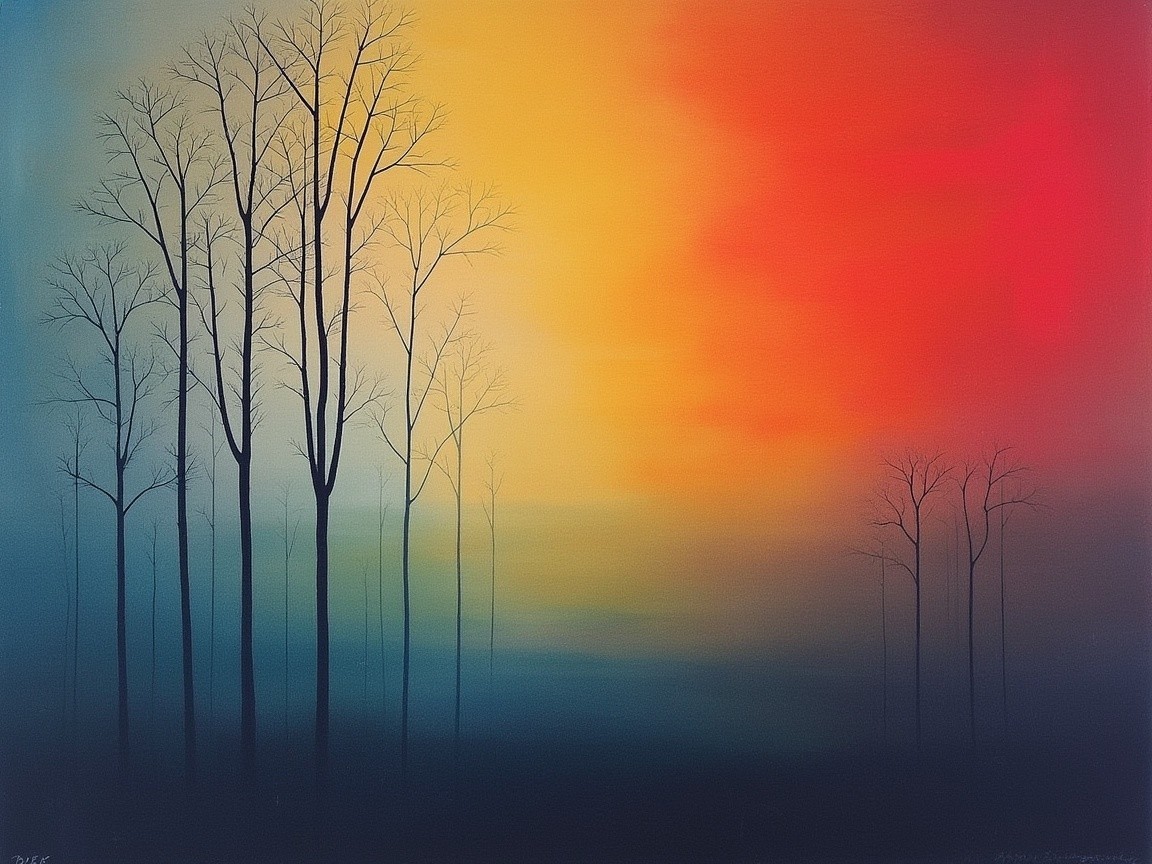 Serene Landscape with Silhouetted Trees at Sunset