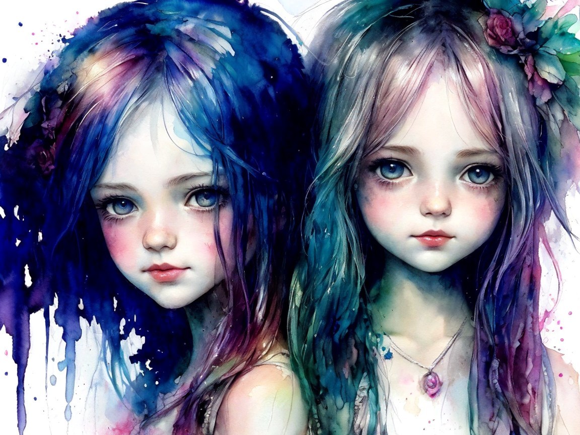 Enchanting Artwork of Two Girls with Vibrant Hair