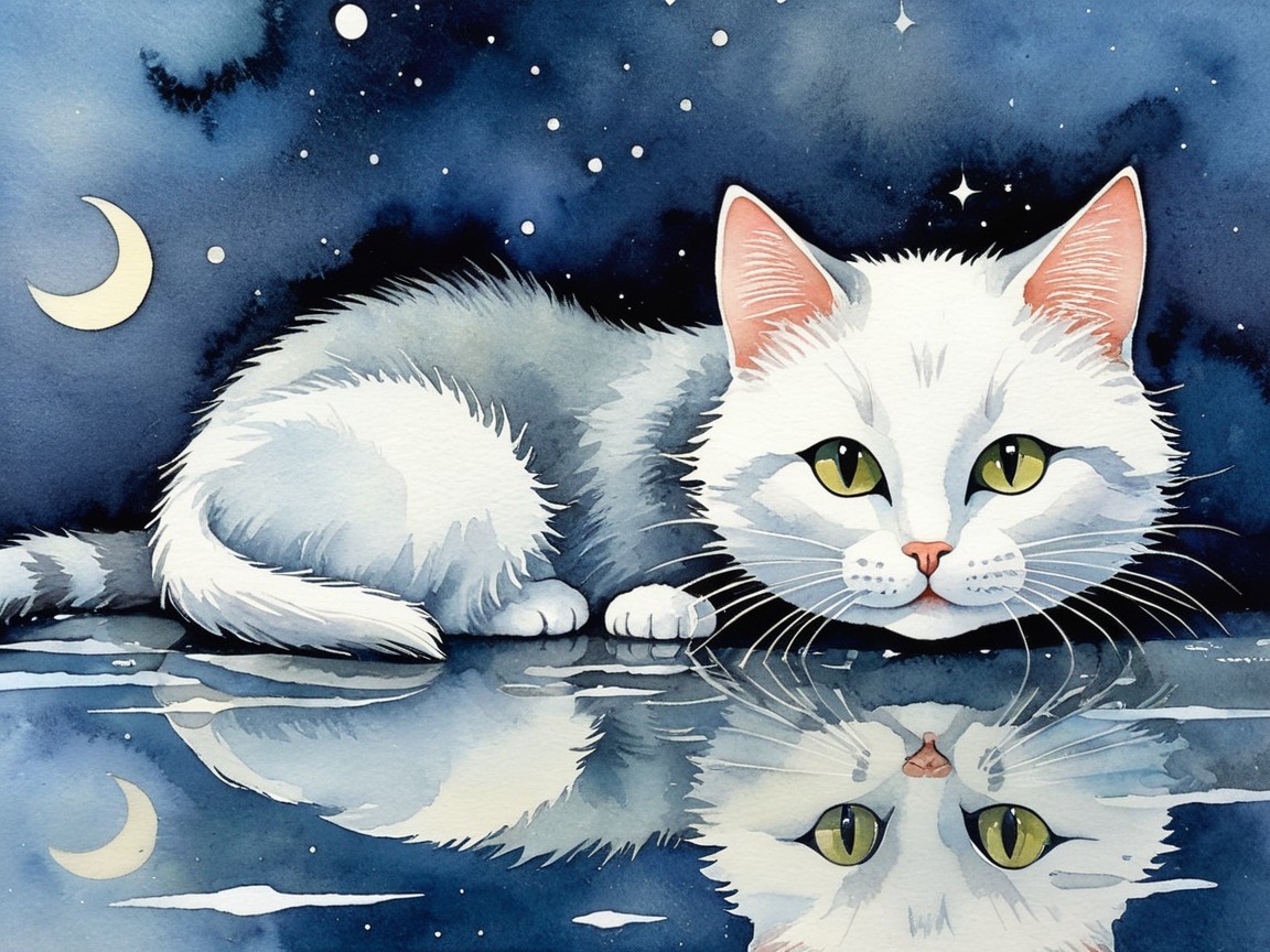 Whimsical Watercolor of White Cat in Moonlit Scene