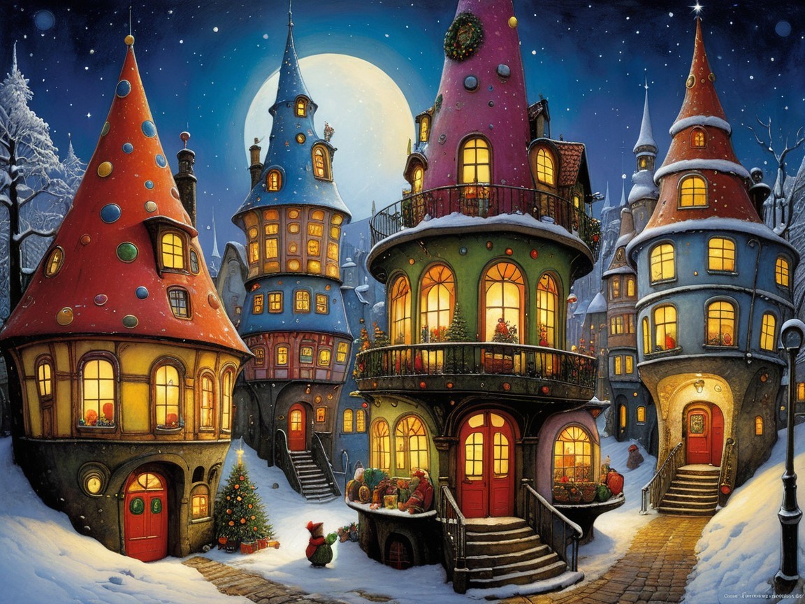 Whimsical Christmas Village Scene at Night with Snow