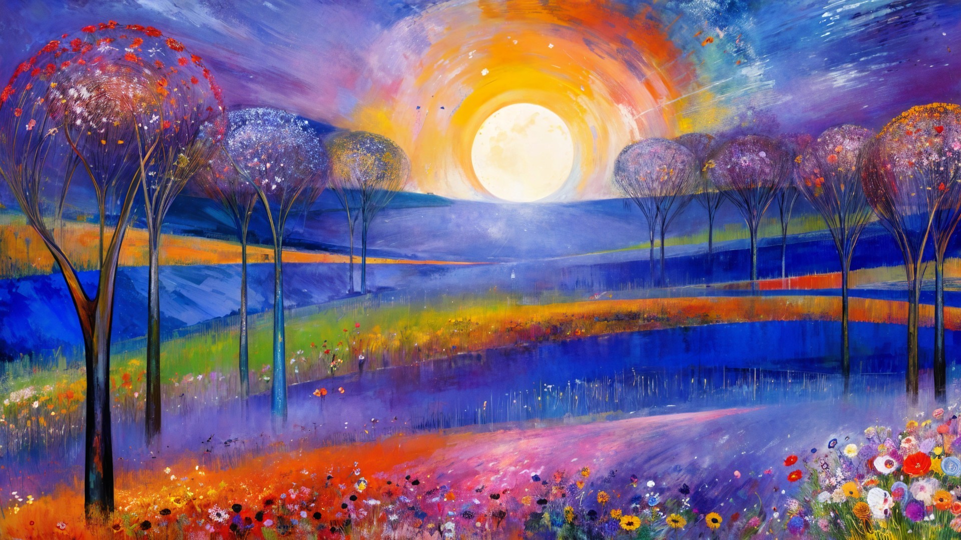 Vibrant Sunset Landscape with Silhouetted Trees and Flowers