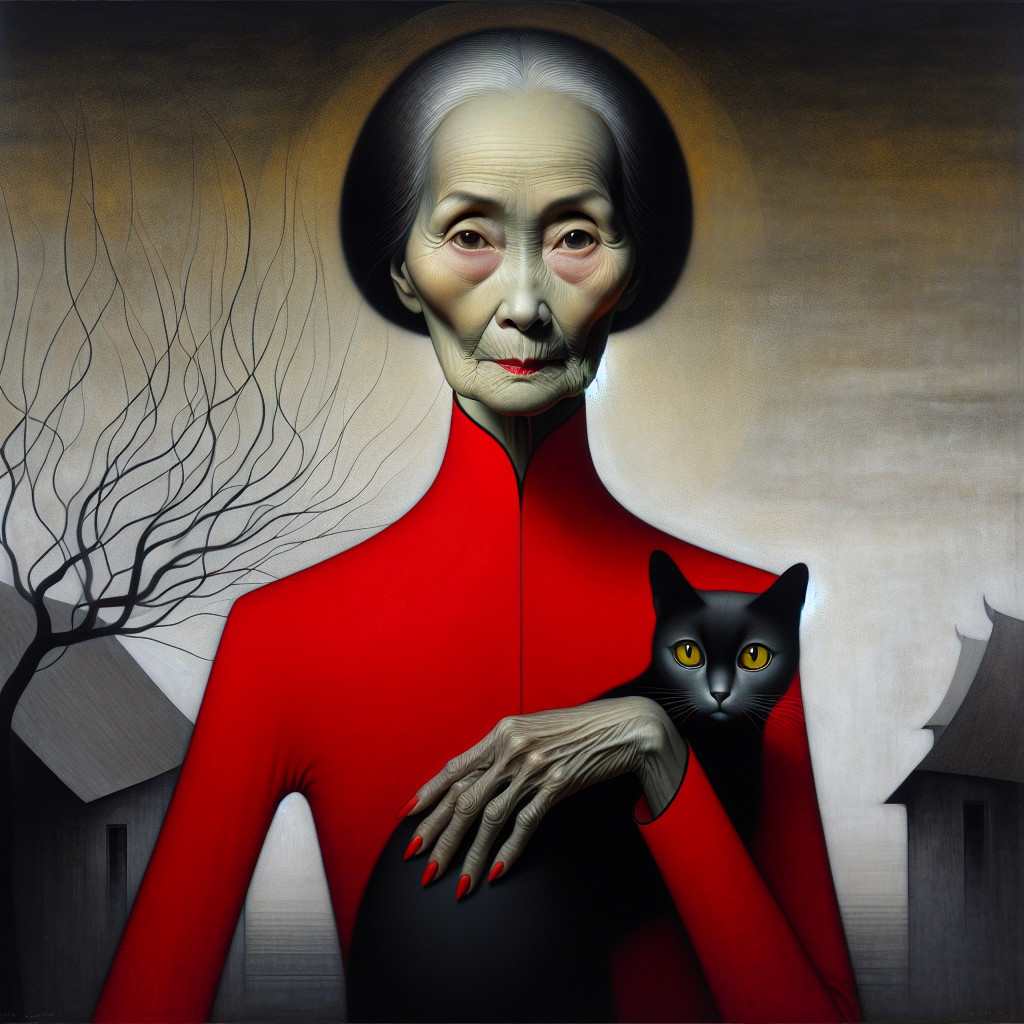 Elderly Woman in Red Outfit with Black Cat Artwork