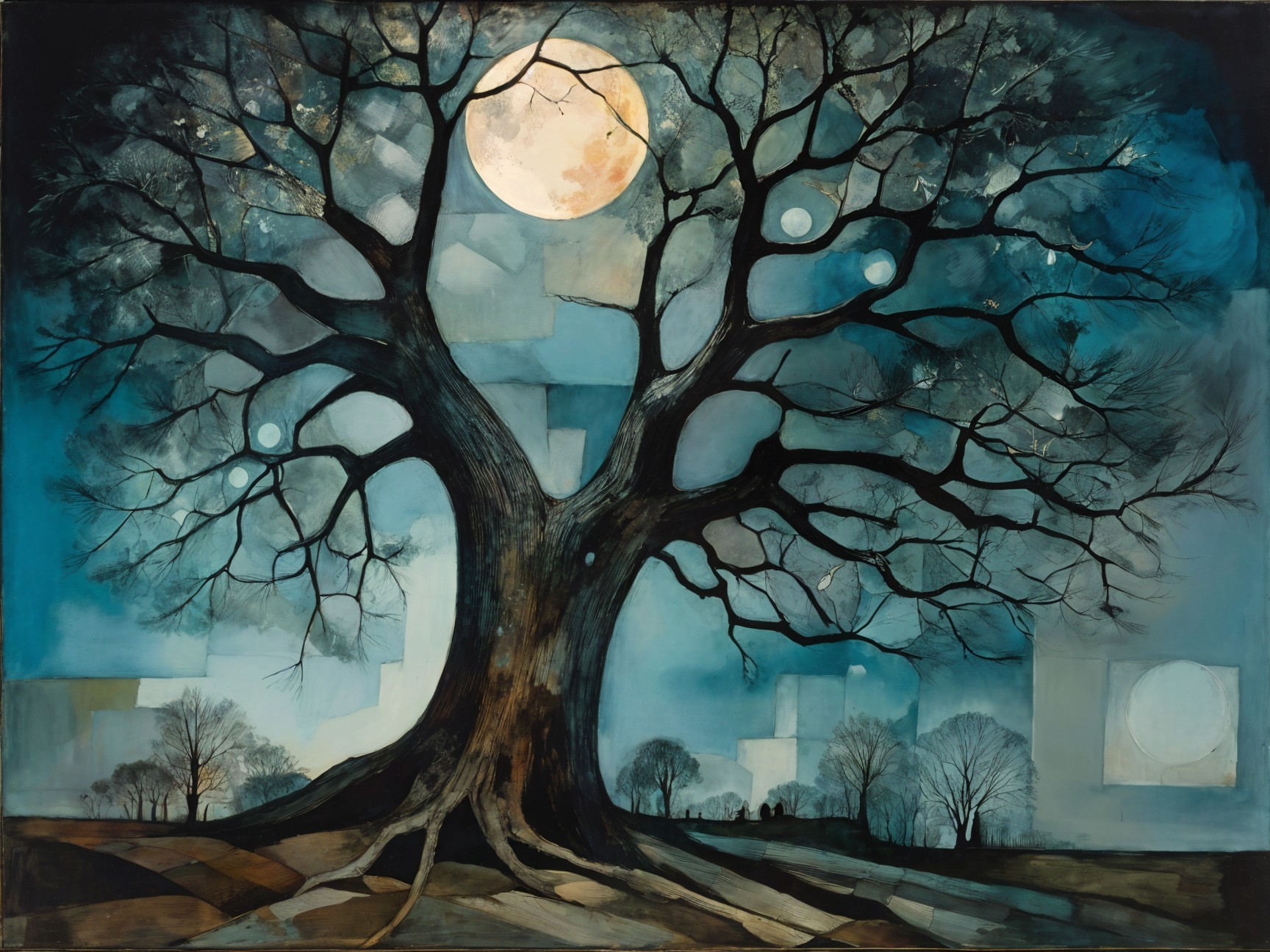 Leafless tree under moonlight in a night sky