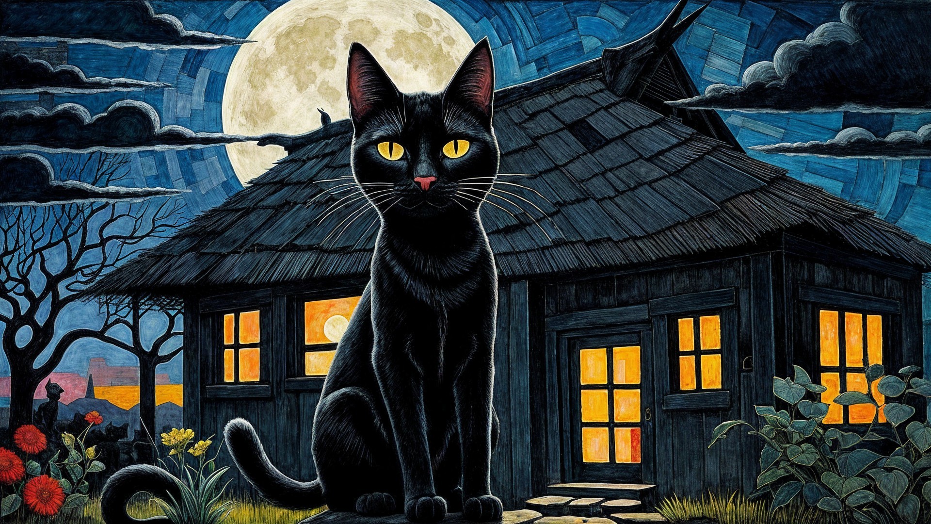 Black Cat and Cabin Under Moonlit Night Sky