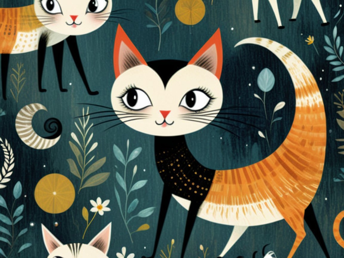 Whimsical Illustration of Colorful Playful Cats