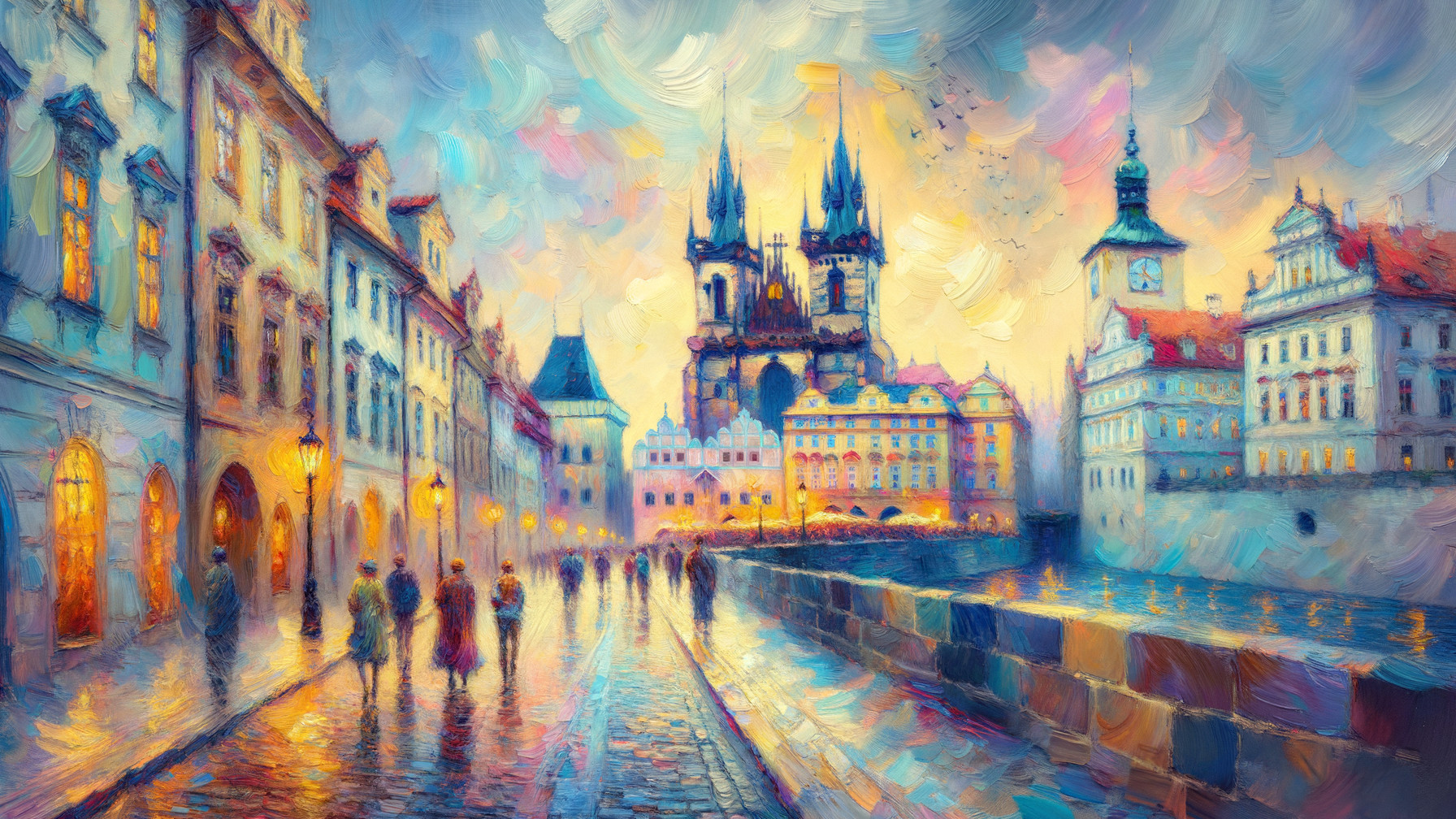 Vibrant Twilight Scene of Historic Cityscape