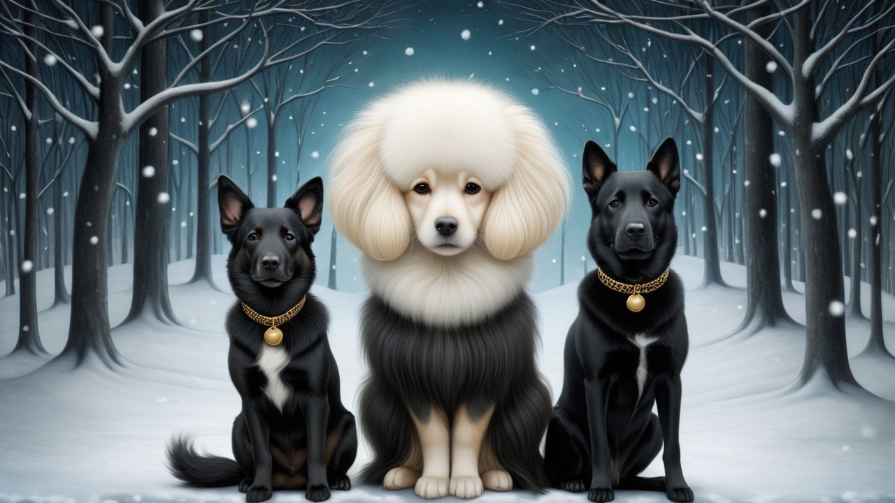 Three Dogs in a Snowy Forest Setting