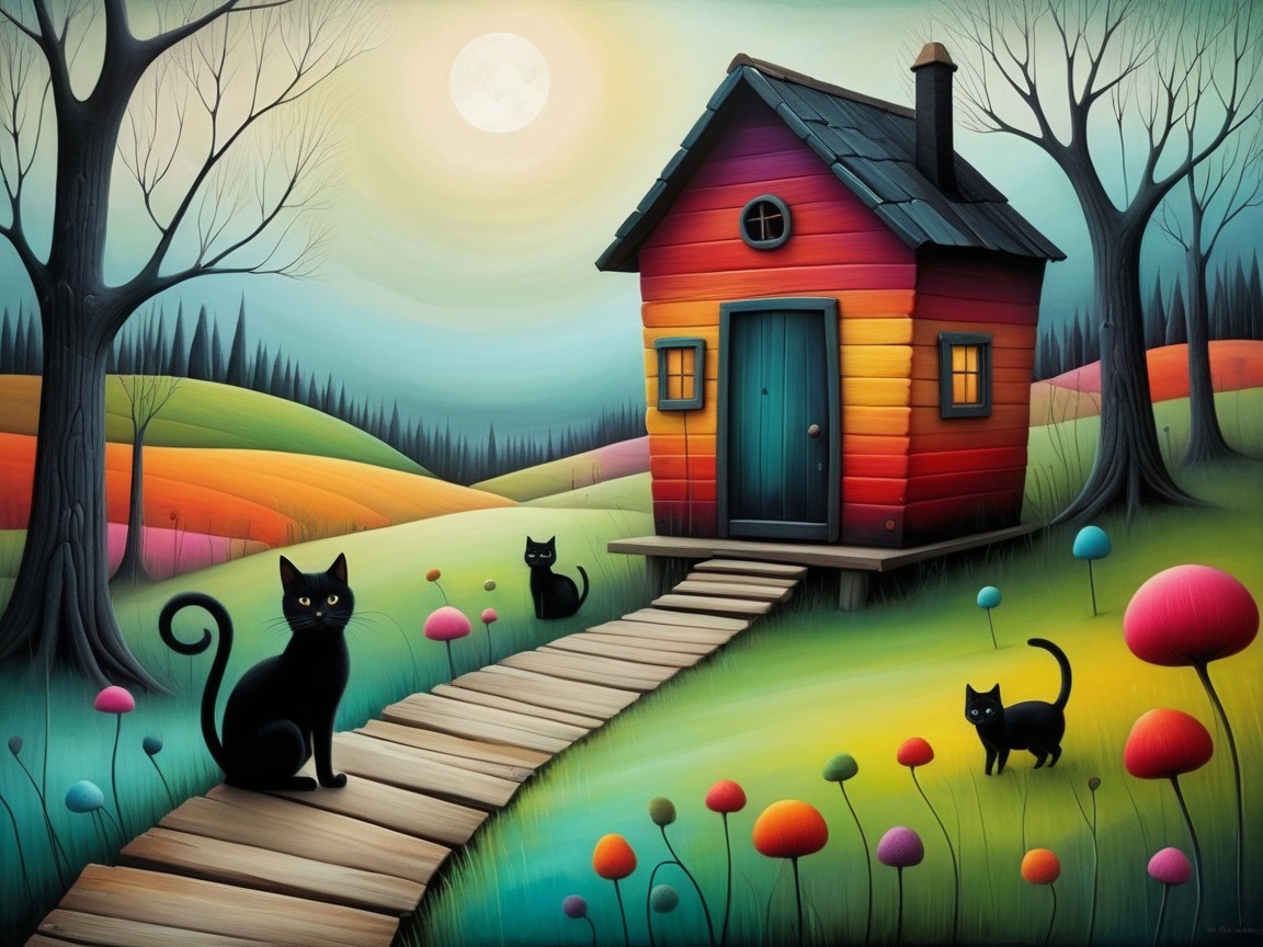 Whimsical House Surrounded by Vibrant Nature and Cats