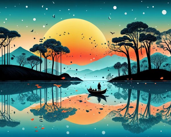 Vibrant Sunset Over Tranquil Lake Landscape