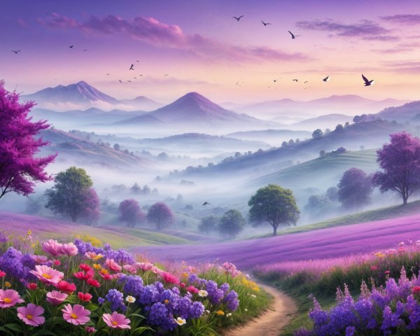 Dawn Landscape with Hills, Wildflowers, and Mountains