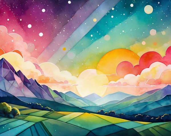 Vibrant Watercolor Landscape with Mountains and Sky