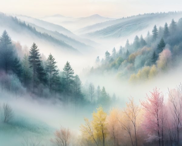 Serene Mountain Landscape with Fog and Spring Blossoms