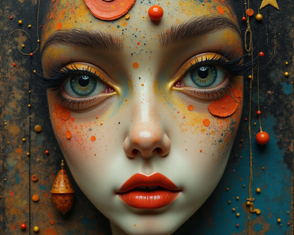 Hyper-realistic face with colorful background elements