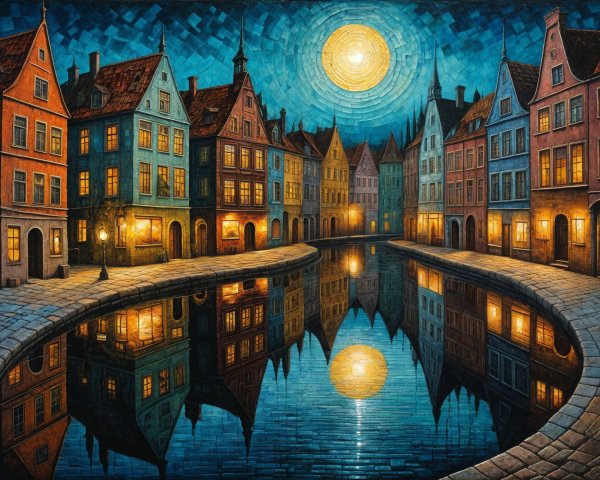 Serene Night Scene with Colorful Canal and Buildings