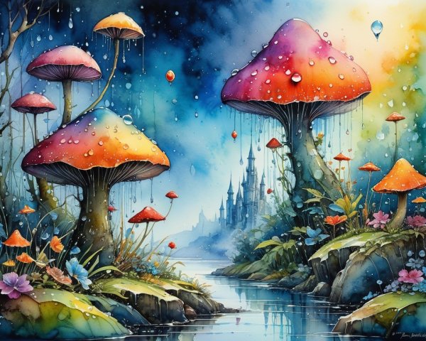Whimsical Landscape with Oversized Mushrooms and Castle