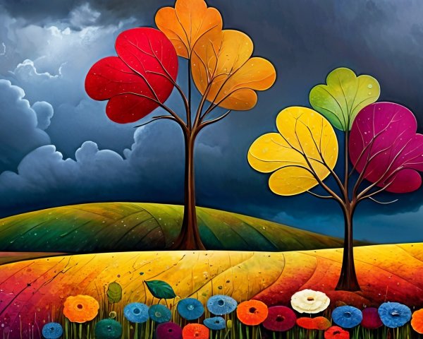 Vibrant Landscape with Colorful Trees and Flowers
