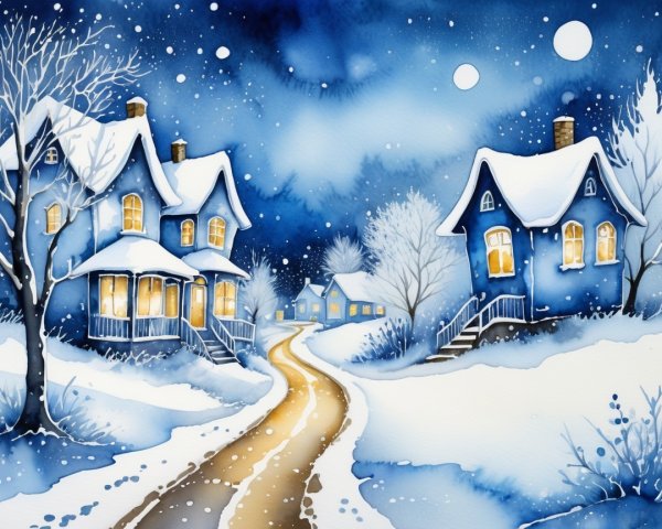 Serene winter landscape with glowing blue houses