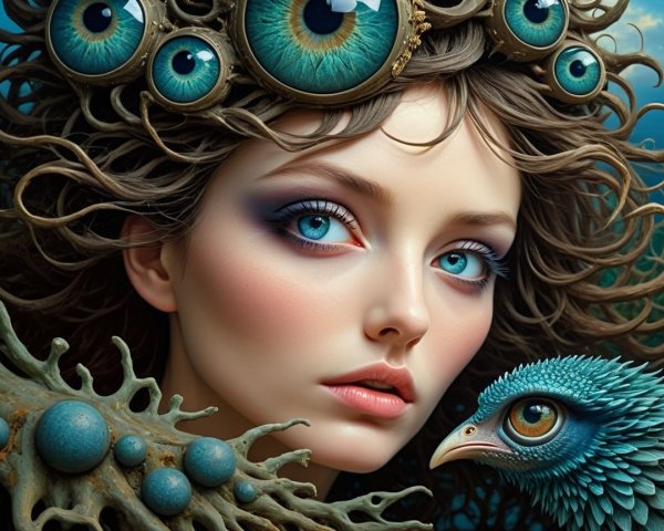 Young Woman with Blue Eyes and Colorful Bird in Water