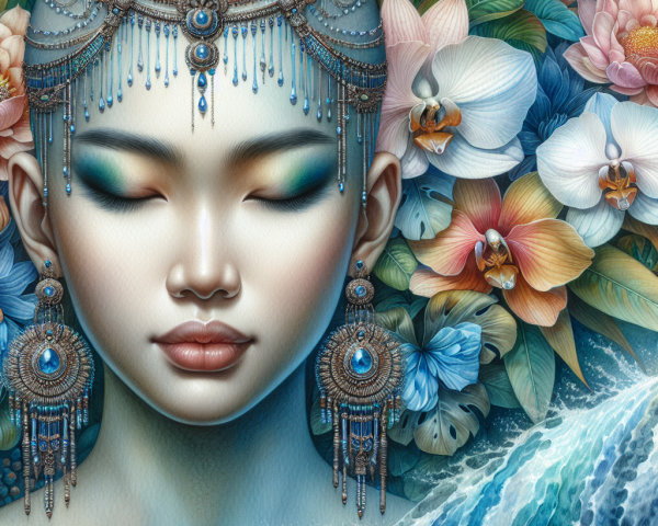 Portrait of a woman with jewelry and floral backdrop
