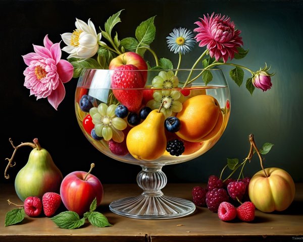 Vibrant Still Life with Fruits and Delicate Flowers