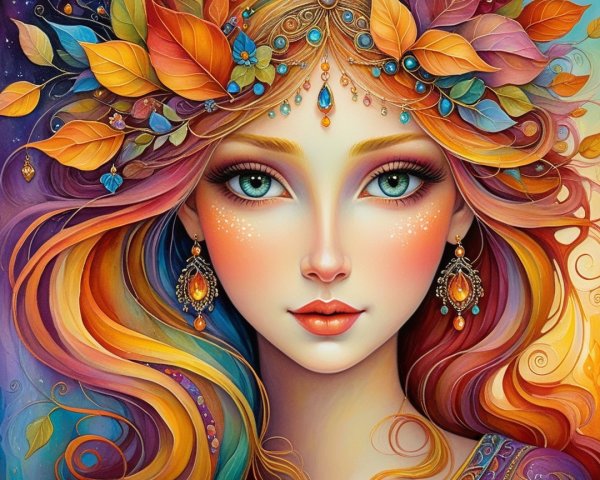 Woman with Multicolored Hair and Autumn Leaves