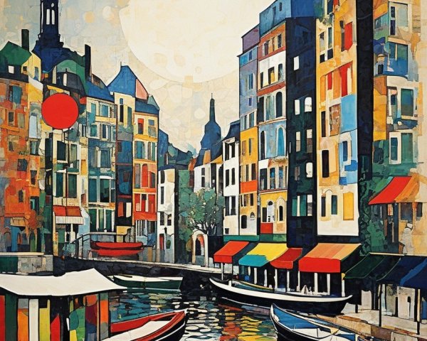 Abstract Canal Scene with Colorful Buildings and Boats