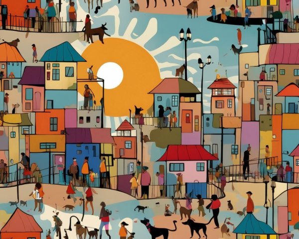 Colorful Illustration of a Bustling Town Scene