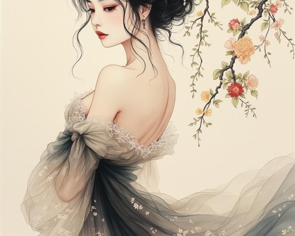 Elegant woman in gown amidst blooming roses