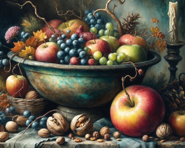 Rustic Bowl of Apples with Grapes and Autumn Decor